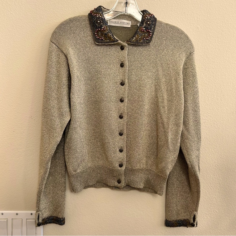 Vintage Valerie Stevens Metallic Gold Beaded Button Front Cardigan Sweater Small